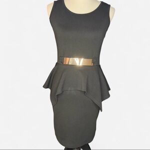 Black Peplum Dress with Gold Belt